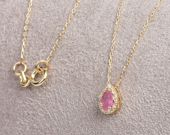 Pink Tourmaline Drop Cut Necklace, Real Daimond Halo, 14K Solid Gold October Birthstone Pendant