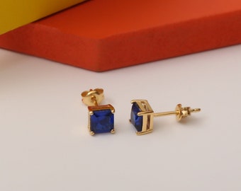 Square Sapphire Stud Earrings 14K Solid Gold, September Birthstone Jewelry, Perfect Gift for Mother's Day - Girlfriend - Wife