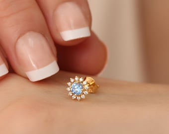 Real Diamond Stud Aquamarine Earrings 14K Solid Gold, March Birthstone Earring, Perfect Gift for Mother&#39;s Day - Girlfriend - Wife