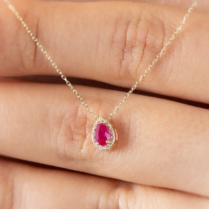 Drop Cut Real Diamond Ruby Necklace 14K Solid Gold, July Birthstone Neckace, Perfect Gift for Mother&#39;s Day - Girlfriend - Wife