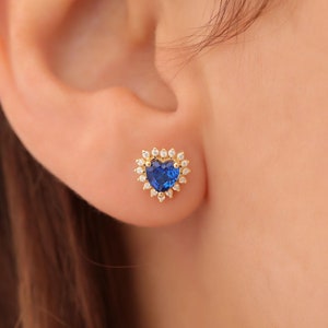 Heart Sapphire Real Diamond Stud Earrings: 14K Solid Gold September Birthstone Jewelry