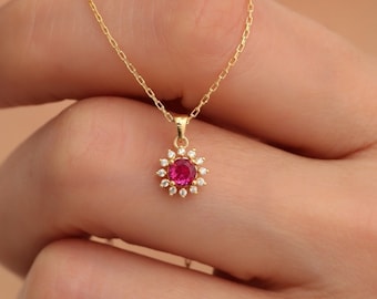 14K 10K 8K Solid Gold Ruby Real Diamond Round Cut Necklace, July Birthstone Pendant