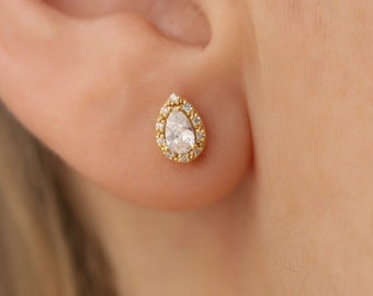 White Topaz Drop Earrings, April Birthstone, 14K Solid Gold, Real Diamond Halo