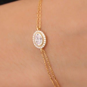 White Topaz Real Diamonds Halo Bezel Oval Cut Bracelet, April Birthstone, 14K Solid Gold Jewelry, Christmas or Wedding Gift, Bride Jewelry