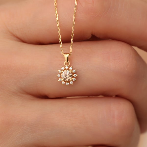 Collar de citrino redondo de diamantes reales de oro macizo de 14 quilates, piedra de nacimiento de noviembre, regalo perfecto para el día de la madre - novia - esposa