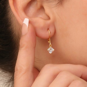 Dangling Square White Topaz Earrings 14K Solid Gold, April Birthstone Earring, Perfect Gift for Mother&#39;s Day - Girlfriend - Wife