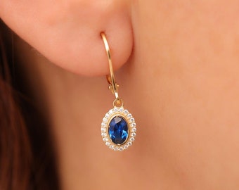 Sapphire Dangle Oval Earrings, Real Diamond Halo, September Birthstone, 14K 10K 8K Solid Gold