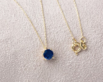 Round Sapphire Necklace 14K Solid Gold, September Birthstone Jewelry, Perfect Gift for Mother's Day - Girlfriend - Wife