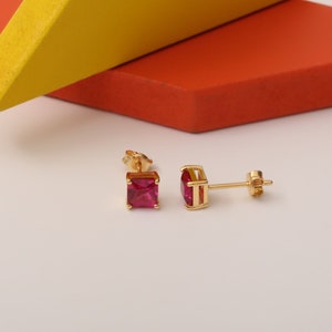 Square Ruby Stud 14K Solid Gold Earrings, July Birthstone, Women Jewelry, Perfect Gift for Mother's Day - Girlfriend - Wife