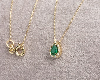 Drop Cut Real Diamond Emerald 14K Solid Gold Necklace, May Birthstone Jewelry, Perfect Gift for Mother's Day - Girlfriend - Wife