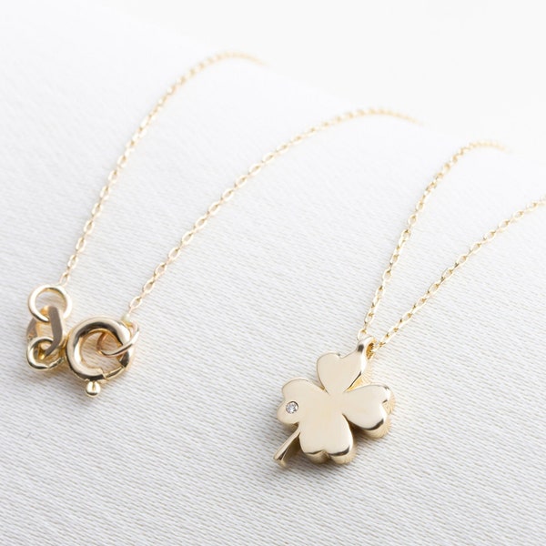 Real Diamond Gold Clover Necklace 14K Solid Gold, Four Leaf Clover Pendant, Talisman Necklace, Gift for Mother's Day - Girlfriend - Wife