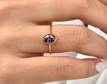 Oval Cut Amethyst Bezel Ring, 14K 10K 8K Solid Gold February Birthstone Jewelry