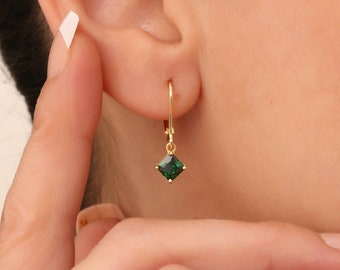 Dangling Square Emerald Earrings 14K Solid Gold, May Birthstone Earrings, Perfect Gift for Mother's Day - Girlfriend - Wife