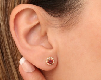 Real Diamond Stud Round Garnet Earrings 14K Solid Gold, January Birthstone Jewelry, Perfect Gift for Mother&#39;s Day - Girlfriend - Wife