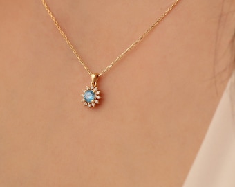 Real Diamond Round Blue Topaz Necklace 14K Solid Gold, December Birthstone Pendant, Perfect Gift for Mother's Day - Girlfriend - Wife