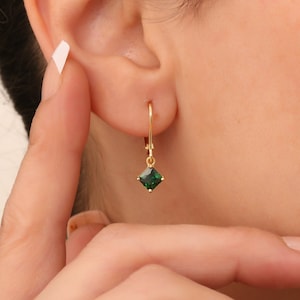 Dangling Square Emerald Earrings 14K Solid Gold, May Birthstone Earrings, Perfect Gift for Mother's Day - Girlfriend - Wife