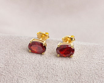 Oval Cut Garnet Stud Earrings 14K Solid Gold, January Birthstone Jewelry