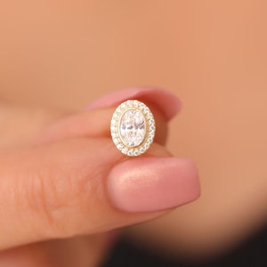 White Topaz Real Diamonds Surrounded Bezel Oval Cut Stud Earrings, 14K Solid Gold Jewelry, April Birthstone, Chic Christmas or Wedding Gift