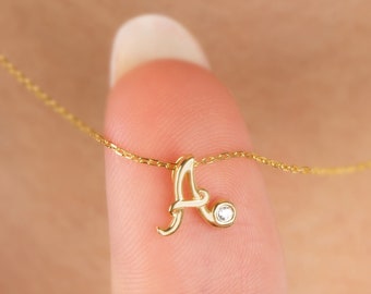 14K Solid Gold Real Diamond Initial Necklace: Elegant Letter Pendant