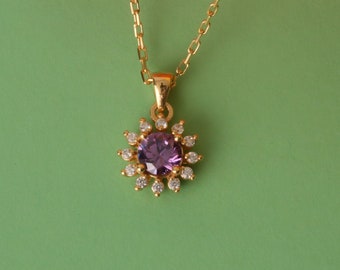Round Amethyst Necklace, 14K 10K 8K Solid Gold February Birthstone Real Diamond Halo