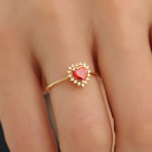 Garnet Heart Ring, 14K 10K 8K Solid Gold Real Diamond Halo, January Birthstone