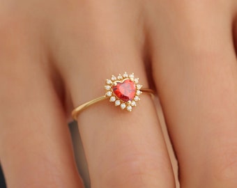 Garnet Heart Ring, 14K 10K 8K Solid Gold Real Diamond Halo, January Birthstone