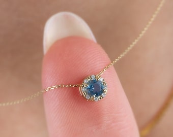 14K Solid Gold Genuine Diamond Blue Topaz Necklace, December Birthstone Jewelry, Round Blue Topaz Necklace, Gift Necklace, Women's Jewelry