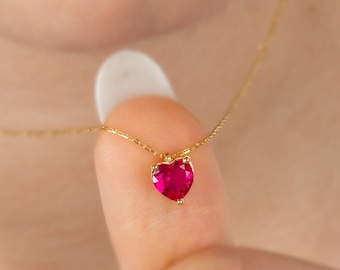 Ruby Heart Necklace 14K Solid Gold, Minimalist July birthstone Pendant, Love Heart Jewelry, Gift for Mother's Day - Girlfriend - Wife