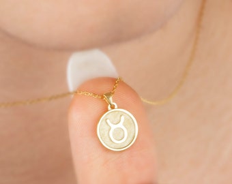 Taurus Zodiac Necklace 14K 10K Solid Gold, Astrology Horoscope Pendant