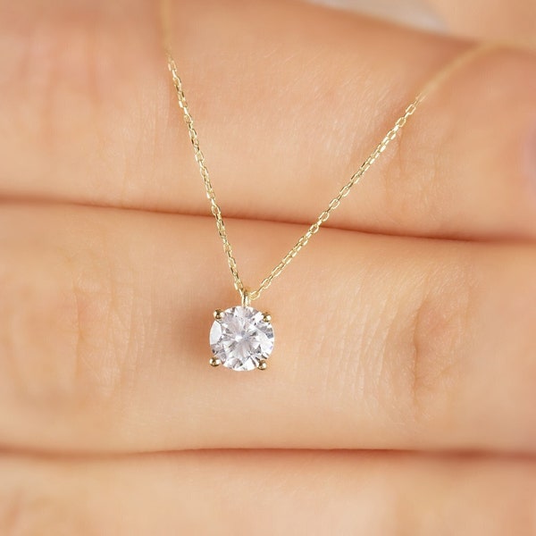 Round White Topaz Necklace 14K Solid Gold, April Birthstone Pendant, Wedding Jewelry, Perfect Gift for Mother's Day - Girlfriend - Wife