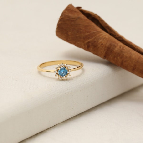 14K Solid Gold Round Ring with Blue Topaz - December Birthstone Real Diamond Ring - Perfect Birthday or Anniversary or Mother's Day Gift