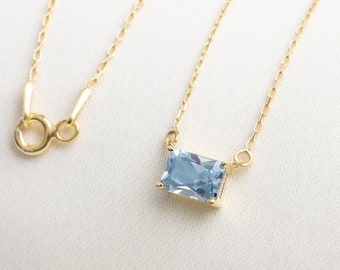 Horizontal Rectangle Aquamarine Necklace 14K Solid Gold, March Birthstone Pendant, Perfect Gift for Mother's Day - Girlfriend - Wife