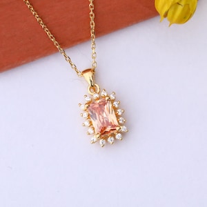 Rectangular Pendant, 14K 10K 8K Solid Gold Citrine Necklace with Real Diamond, November Birthstone