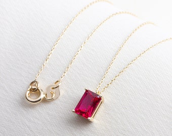 Rectangle Ruby Necklace 14K Solid Gold Necklace, July Birthstone Pendant, Perfect Gift for Mother's Day - Girlfriend - Wife