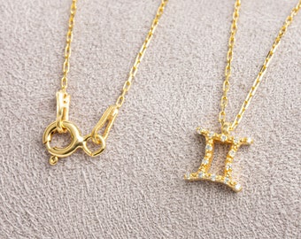 Real Diamond Zodiac Necklace 14K Solid Gold, Gemini Zodiac Horoscope Necklace, Perfect Gift for Mother's Day - Girlfriend - Wife