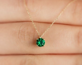 Round Emerald Necklace 14K Solid Gold, May Birthstone Pendant, Daily Jewelry, Perfect Gift for Mother's Day - Girlfriend - Wife