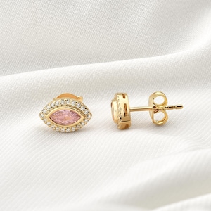 Pink Tourmaline Real Diamonds Halo Marquise Stud Earrings, Bezel 14K Solid Gold Jewelry, October Birthstone, Graduation or Birthday Gift