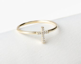 Real Diamond Large Cross Ring 14K Solid Gold, Jesus Christ Ring, Religious Jewelry, Perfect Gift for Mother's Day - Girlfriend - Wife