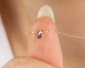 Single Diamond Round Amethyst Necklace 14K Solid Gold, February Birthstone Jewelry, Perfect Gift for Mother's Day - Girlfriend - Wife