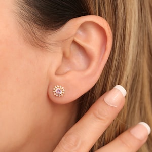 Real Diamond Stud Round Pink Tourmaline Earrings 14K Solid Gold, October Birthstone Jewelry, Gift for Mother&#39;s Day - Girlfriend - Wife