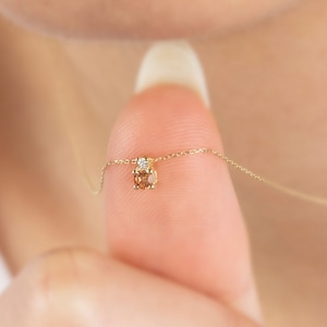 Single Diamond Citrine Necklace 14K Solid Gold, November Birthstone Jewelry