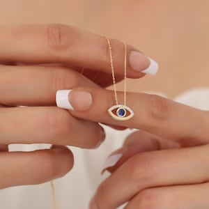 Real Diamond Sapphire Eye Necklace 14K Solid Gold, Hamsa Pendant, Perfect Gift for Mother&#39;s Day - Girlfriend - Wife