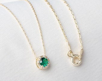 Genuine Diamond Round Emerald Necklace 14k Solid Gold, May Birthstone Pendant, Perfect Gift for Mother's Day - Girlfriend - Wife