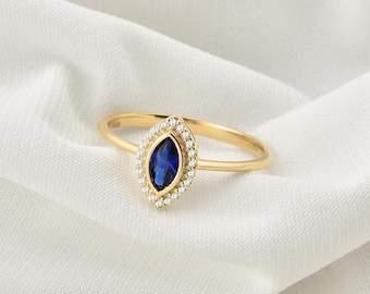 Saffier echte diamanten halo ring Marquise ring, 14K 10K 8K massief gouden september geboortesteen sieraden
