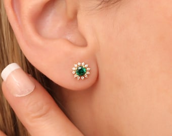 Real Diamond Stud Round Emerald Earrings 14K Solid Gold, May Birthstone Jewelry, Perfect Gift for Mother's Day - Girlfriend - Wife