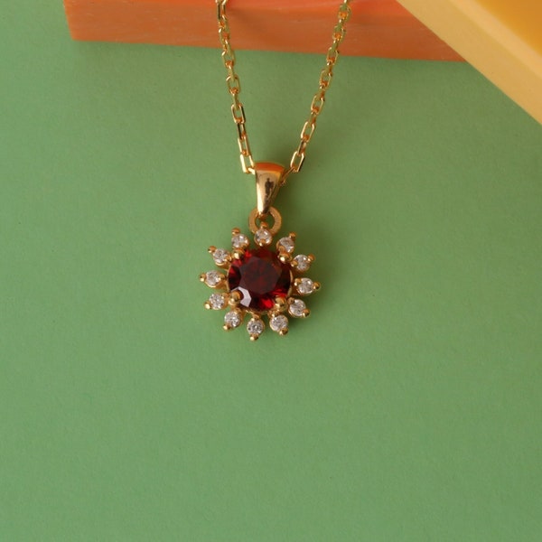 Real Diamond Round Garnet Necklace 14K Solid Gold, January Birthstone, Perfect Gift for Mother's Day - Girlfriend - Wife