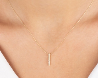 Real Diamond Vertical Bar Necklace 14K Solid Gold, Elegant Women Necklace, Perfect Gift for Mother's Day - Girlfriend - Wife