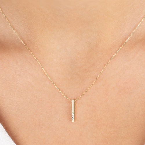 14k Solid Gold 3D Vertical Diamond Bar Necklace for Women by - Etsy