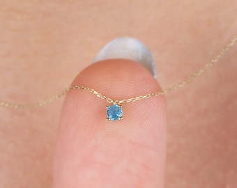 Round Aquamarine Necklace 14K Solid Gold, Tiny Round Pendant, March Birthstone, Perfect Gift for Mother's Day - Girlfriend - Wife
