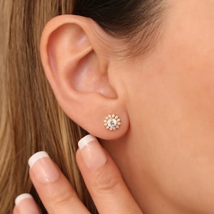 Real Diamond Stud Round White Topaz Earring 14K Solid Gold, April Birthstone Jewelry, Perfect Gift for Mother&#39;s Day - Girlfriend - Wife